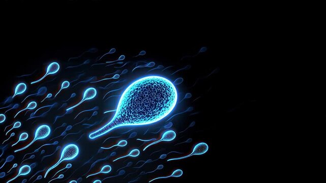 Glowing blue sperm cells against a dark background in a vector illustration, related to cryobanks, spermbanks, and egg and sperm banking