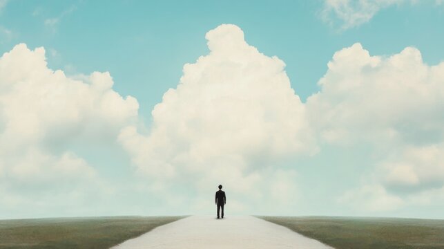 Lone figure standing on a path leading towards a cloudy sky.