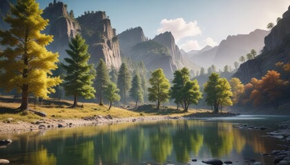 Fototapeta premium A group of trees in the foreground with a blurred background featuring a serene river and surrounding hills, riverside, natural world