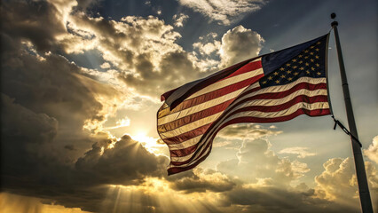 Obraz premium Waving American flag under dramatic clouds and sunlight rays