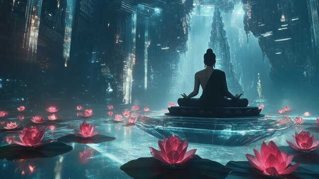 Meditating Buddha in a futuristic cityscape - Powered by Adobe