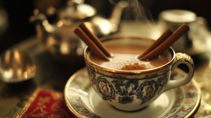 Aromatic Spiced Milk Tea in Ornate Cup with Cinnamon Sticks and Powder