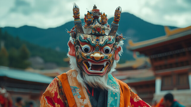 Paro Tshechu, monks wearing traditional masks with bright colors and beautiful costumes are dancing in the courtyard of the magnificent Paro Dzong, Ai generated images