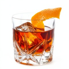A sophisticated cognac on the rocks with a twist of orange, rich and smooth, isolated white background