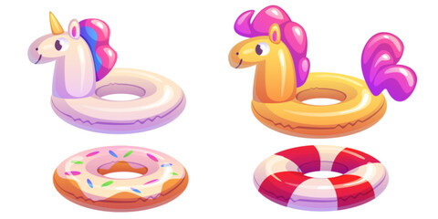 Pool ring collection set - inflatable unicorn floater, yellow horse swim tube, donut with colorful sprinkles, striped lifebuoy in red and white pattern. Summer beach activities swimming accessory. © klyaksun