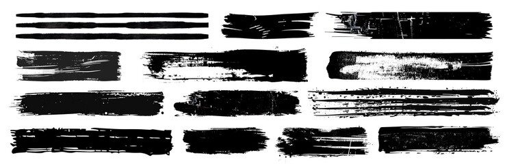 Grunge black brush stroke textures, PNG element set on transparent background