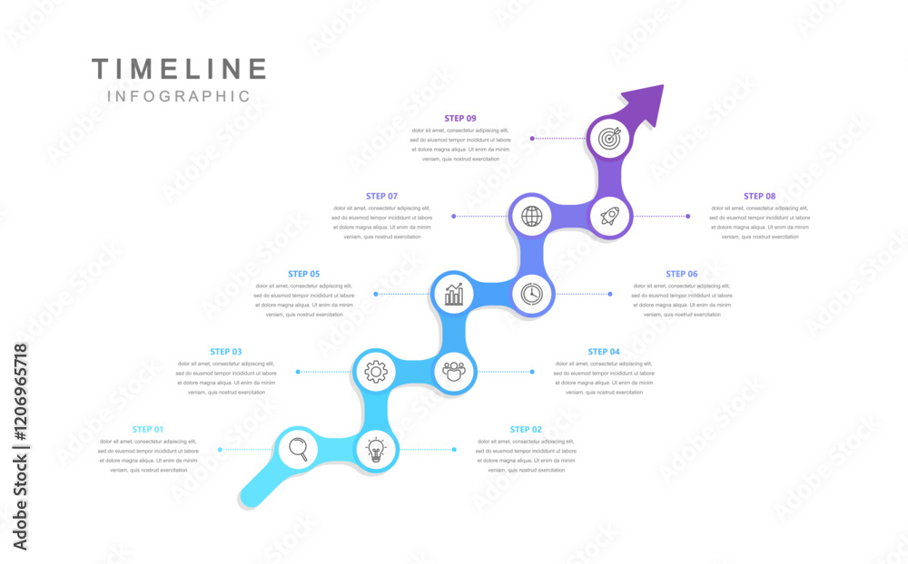 Wall mural business road map timeline infographic concept. with icons and 9 steps. can be used for workflow lay