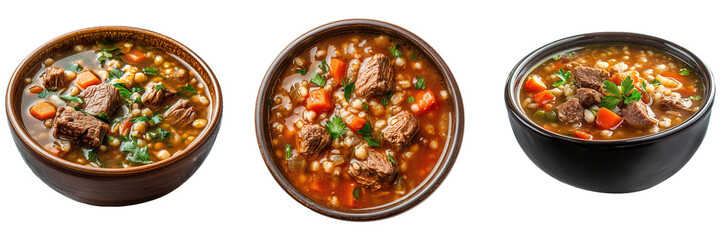 Three bowls of hearty vegetable and meat stew ready to enjoy, isolated on transparent or white background