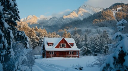 Winter Cabin in Snowy Mountain Landscape with Pine Trees