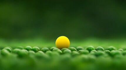 Vibrant yellow golf ball on a pristine green field under sunny sky bright