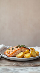 Crispy baked salmon fillet paired with golden roasted potatoes and fresh rosemary garnish, perfect for a healthy gourmet dinner