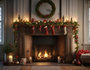 A beautifully decorated mantelpiece adorned with Christmas ornaments, garlands, and stockings hanging from the fireplace, festive, snowflakes, christmas mantel