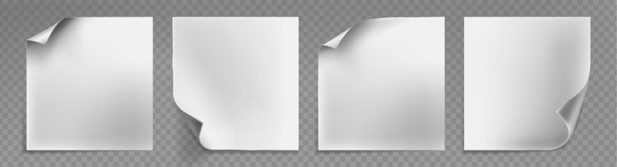 Paper sheets with curled corner folds set - blank white square pages with diverse bent edges and realistic shadows on transparent background. Business notes, documents or promotional design elements.