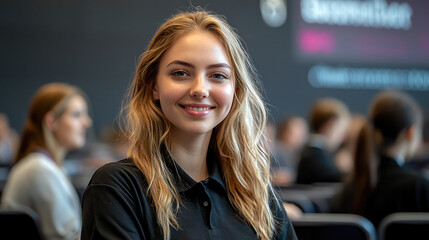 a 25 year old female wearing a black polo t shirt standing in a back of a conference presentation, smiling.