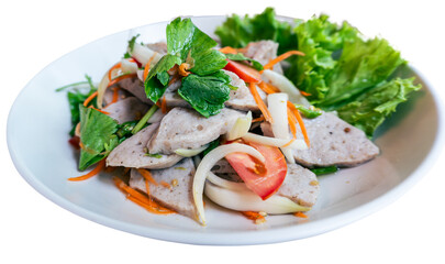 Center focus image of Thai food, spicy pork sausage salad on white background.