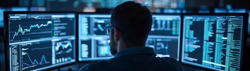 Naklejka premium Man focused on analyzing data across multiple computer screens in a modern workspace