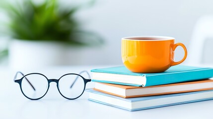 A vibrant orange coffee cup rests next to glasses and stacked books on a bright table.