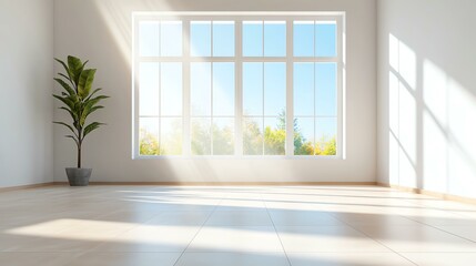 Obraz premium Bright room with large windows and a potted plant for a fresh, airy atmosphere.