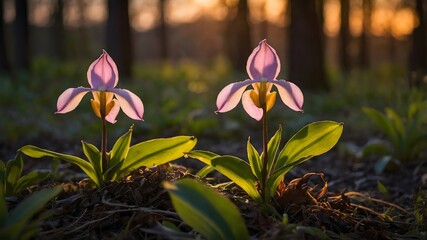 Showy Lady's Slippers Illuminated by Warm Sunset Hues and Long Shadows