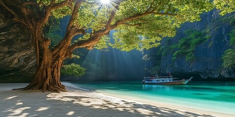 Obraz premium Serene Tropical Beach Cove with Boat Lush Tree and Sunlit Cliffs