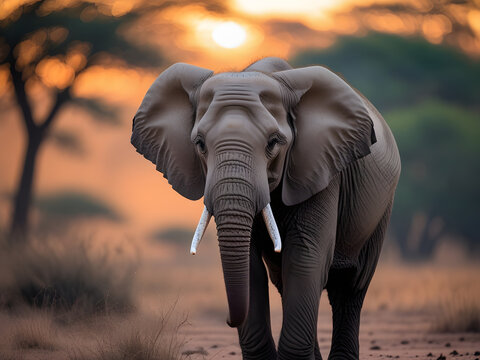 Majestic African elephant standing amidst golden savanna grasslands with a lush forest backdrop, capturing the raw beauty of wildlife in its natural habitat