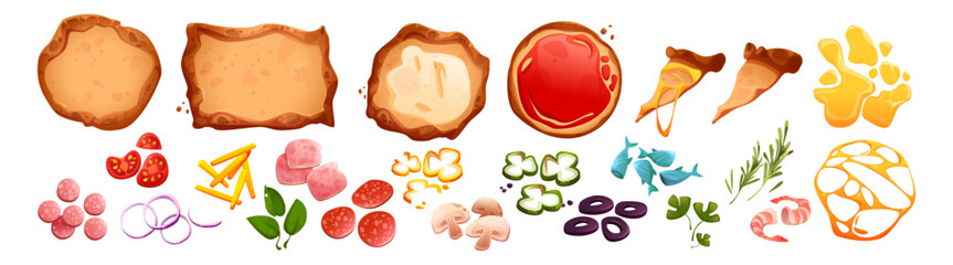 Pizza top cartoon ingredient set - crispy crusts with different sauces, melted cheese stretches, sliced vegetables, mushrooms, seafood toppings and herbs. Colorful Italian menu components collection.