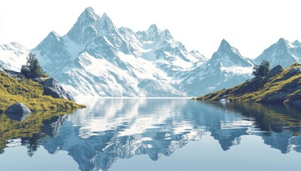 Fototapeta premium Serene mountain lake reflecting snow-capped peaks. (1)