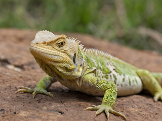 Fototapeta premium Close-up of a iguana resting on a rock, showcasing its detailed scales, vibrant coloration, and unique reptilian features in a natural outdoor setting