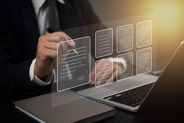 business professional interacting with a digital interface of document management system, representing workflow management and organization.
