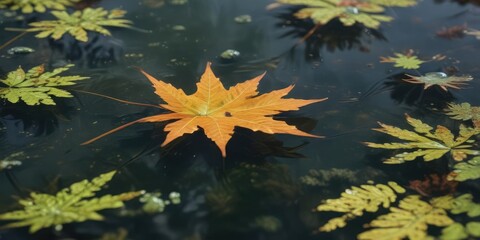 A delicate autumn leaf floats on the surface of a still pond, scattered with small green organisms floating just below the surface, fall foliage, autumn leaf, freshwater plankton
