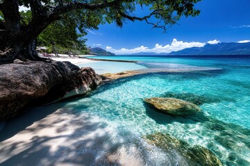 Obraz premium tropical paradise retreat: tranquil beach with crystal-clear turquoise waters, white sand, shaded by a majestic tree, surrounded by rocky formations and distant mountains under a bright blue sky
