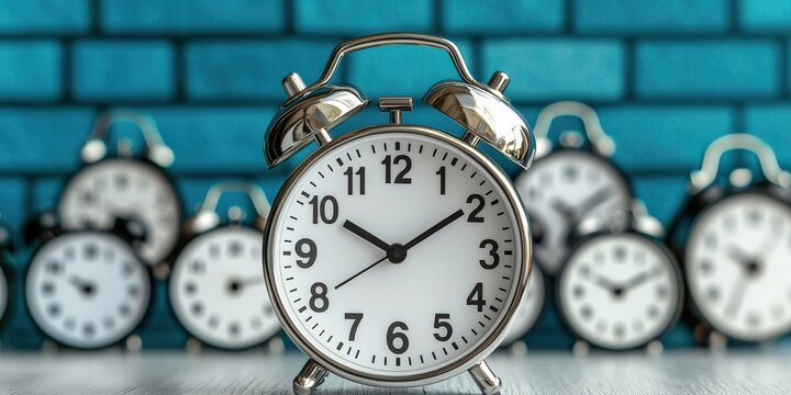 financial planning insurance tools concept. Classic alarm clock in focus with blurred clocks in the background against a blue brick wall.