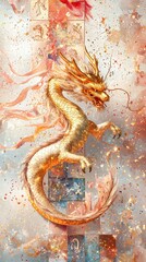 Dynamic Golden Dragon Illustration Fantasy Realm Digital Art Vibrant Colors Aerial Perspective Mythical Concept