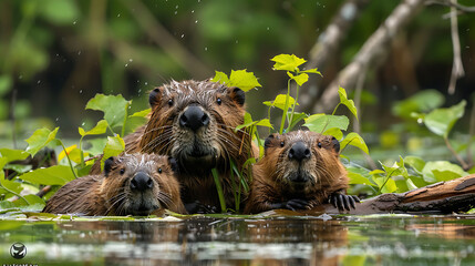 Three Beavers in a Pond