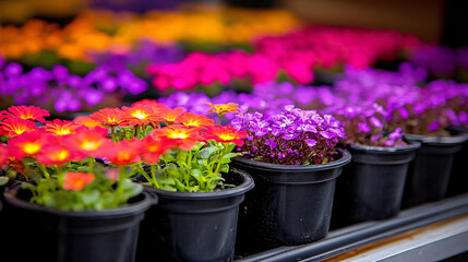 Row of colorful flower pots arranged neatly on a wooden surface in a bright indoor setting