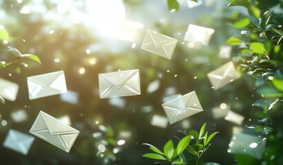 White envelopes floating amidst sunlit green foliage.