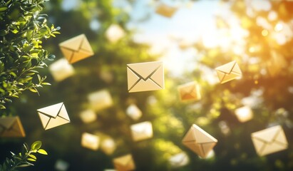 Flying email icons in sunny nature.