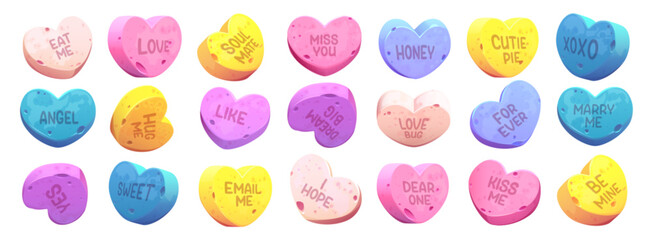 Colorful candy hearts collection with romantic messages engraved on surface. Multi colored sugary valentine treats. Sweet conversation confections with traditional love themed dating expressions.