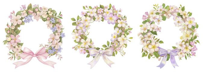 Fototapeta premium PNG Coquette floral wreaths with ribbons set, isolated on transparent background