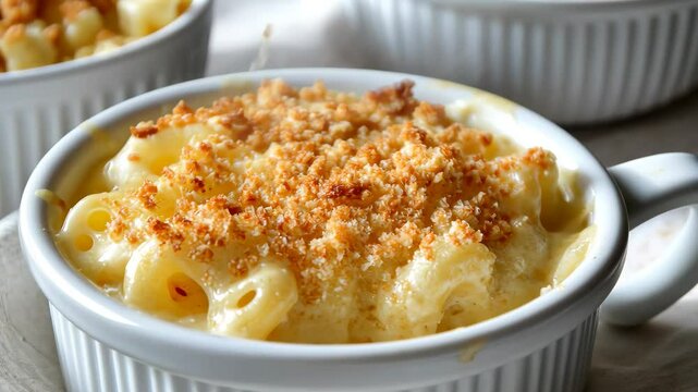 Creamy baked macaroni and cheese topped with golden breadcrumbs in a serving dish, Creamy baked macaroni and cheese with golden breadcrumbs in white ramekin