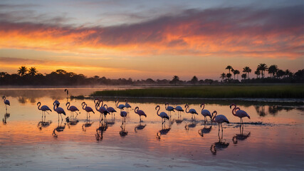 Flamingo silhouettes at dawn with stunning orange and purple sky reflection