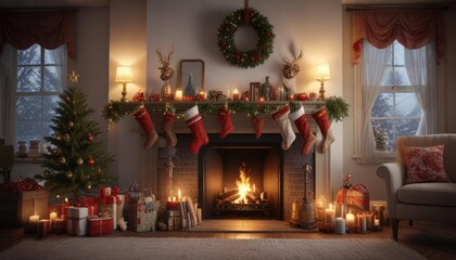 Fototapeta premium A festive holiday scene with a decorated fireplace and stockings hanging from the mantel , seasonal traditions, festive scene, merry mood