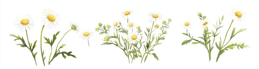 Fototapeta premium Watercolor illustration of daisies in various stages of growth, isolated on white background.