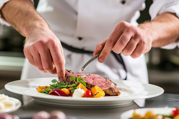 close up horizontal image of a fine dinig chef plating a meat dish