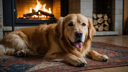 Golden Retriever Relaxing by a Warm Fireplace on a Cozy Rug
