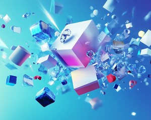 Abstract 3D shapes and digital elements symbolizing the fusion of knowledge and innovation