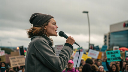 Empowered woman speaking into microphone at outdoor rally