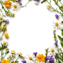 A beautiful arrangement of colorful wildflowers framing a blank white space, perfect for creative designs and invitations.
