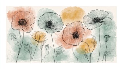 A wedding card with hand-drawn floral elements and a pastel watercolor wash background