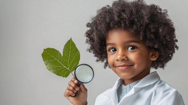a little boy holding a leaf and a magni